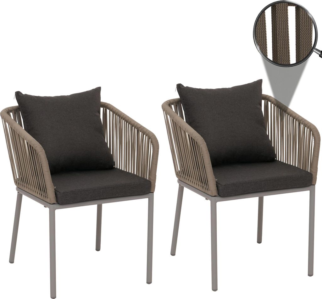 2er-Set Gartenstuhl MCW-N41, Outdoor Armlehne, wetterfest Aluminium Seilgeflecht Rope grau, Kissen dunkelgrau
