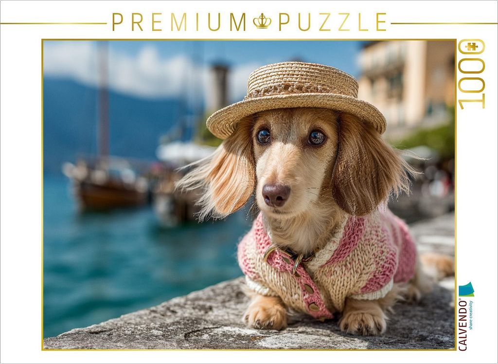 CALVENDO Puzzle Ein liebevoller Dackel mit Hut am Gardasee - ein charmantes Hundepuzzle für Erwachsene und alle, die Dackel lieben. | 1000 Teile L...