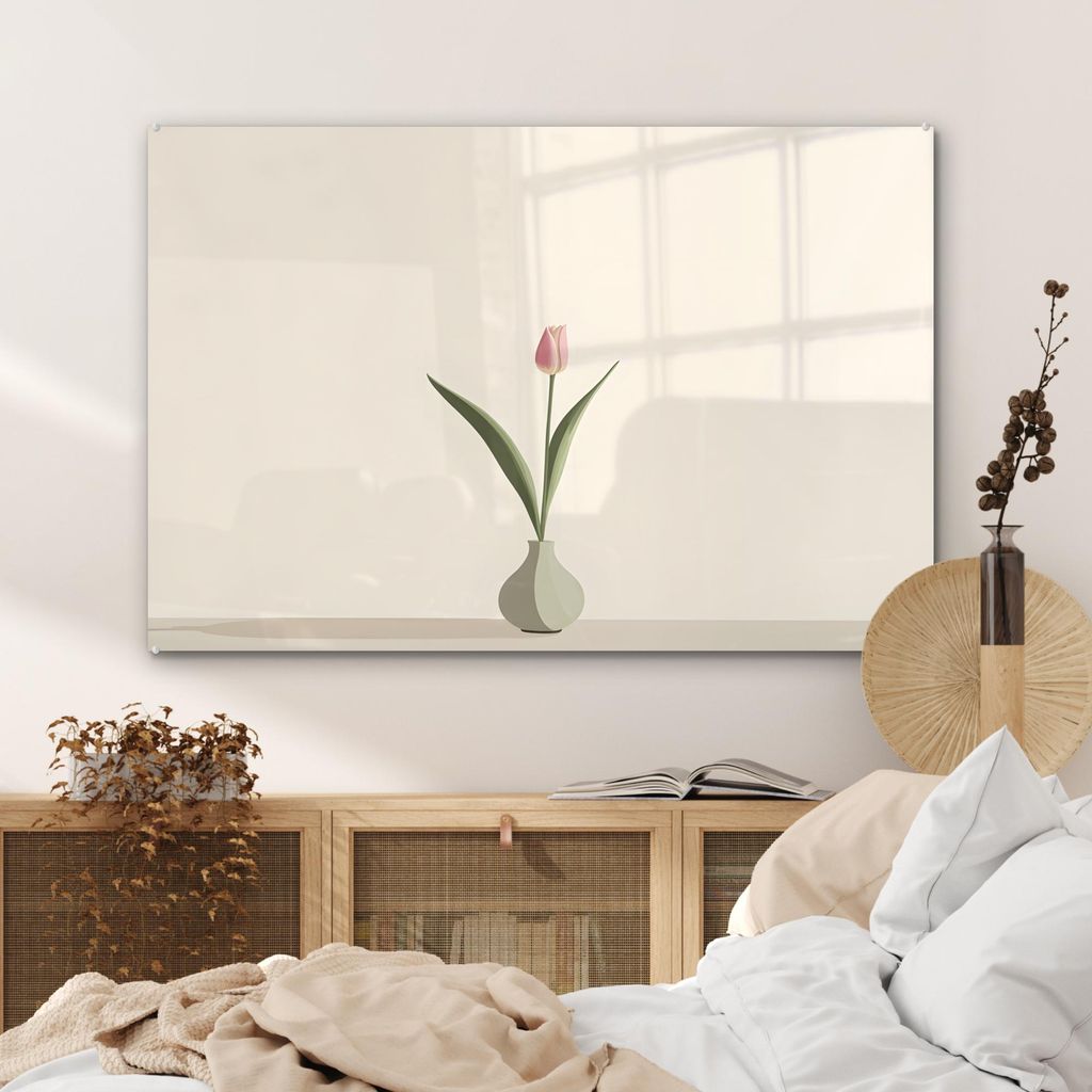 MuchoWow Glasbilder - Bilder auf Wandbild - Foto auf Glas Tulpe - Vase - Beige 90x60 cm Wanddekoration aus Glas - Acrylglasbild - Acrylbilder - Wan...