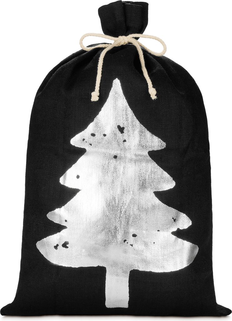 BRUBAKER Weihnachtssack Schwarz mit Tannenbaum Silber - 80 cm Geschenksack Weihnachten - Nikolaussack Jutebeutel Sack, 1 Stück