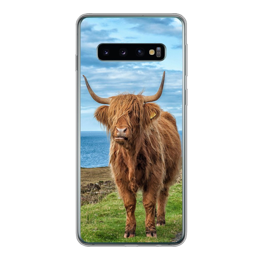 MuchoWow Handyhülle Schutzhülle Hülle für Samsung Galaxy S10 Schottischer Highlander - Wasser - Hörner Silikon Softcase Handy Hülle - Handy...