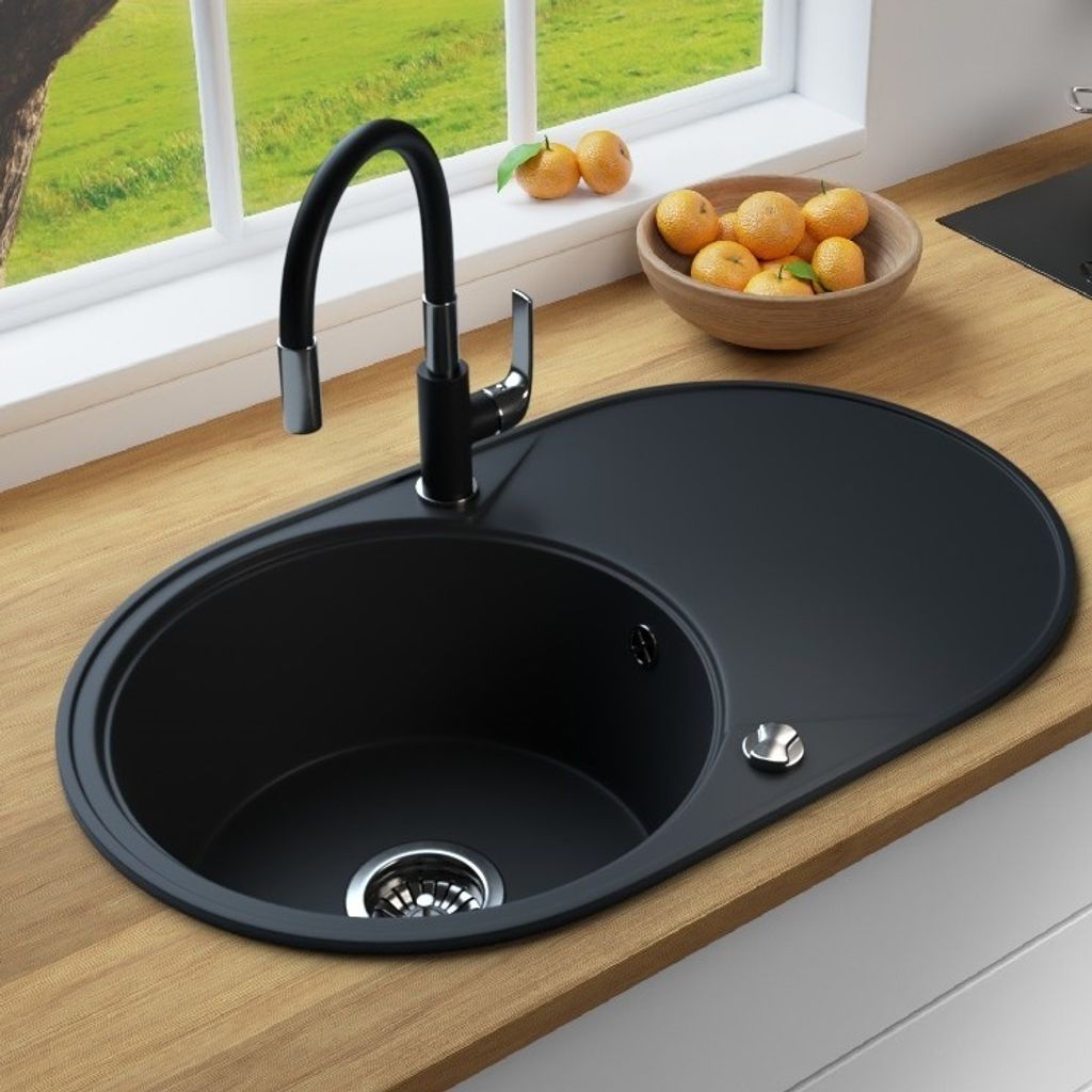 MIT ARMATUR - Rein Schwarz LINDBERGH Antibakterielle Granit Spüle "IDE44" + "1-Tubo" Einbauspüle Küchenspüle Spülbecken