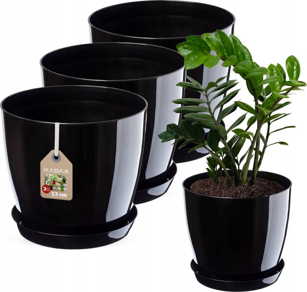 KADAX Blumentopf aus Kunstsoff "Agen", Topf mit Untersetzer. Pflanzkübel, 23 cm, Schwarz, 3 Stück