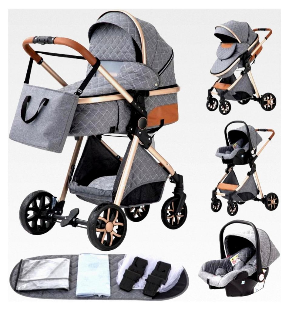 3-in-1 Kinderwagen zusammenklappbar Komplettset mit Becherhalter, Moskitonetz und Fußabdeckung für Neugeborene