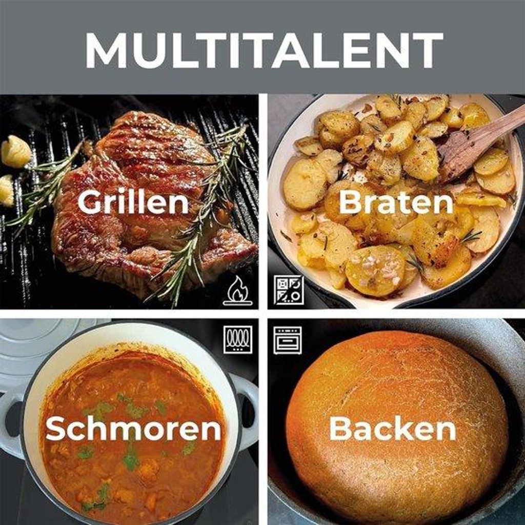 Gietijzeren Grillpan, Lichtgrijs, Rund, Handgriff, Induktions-, Gas- und Ofenfähig