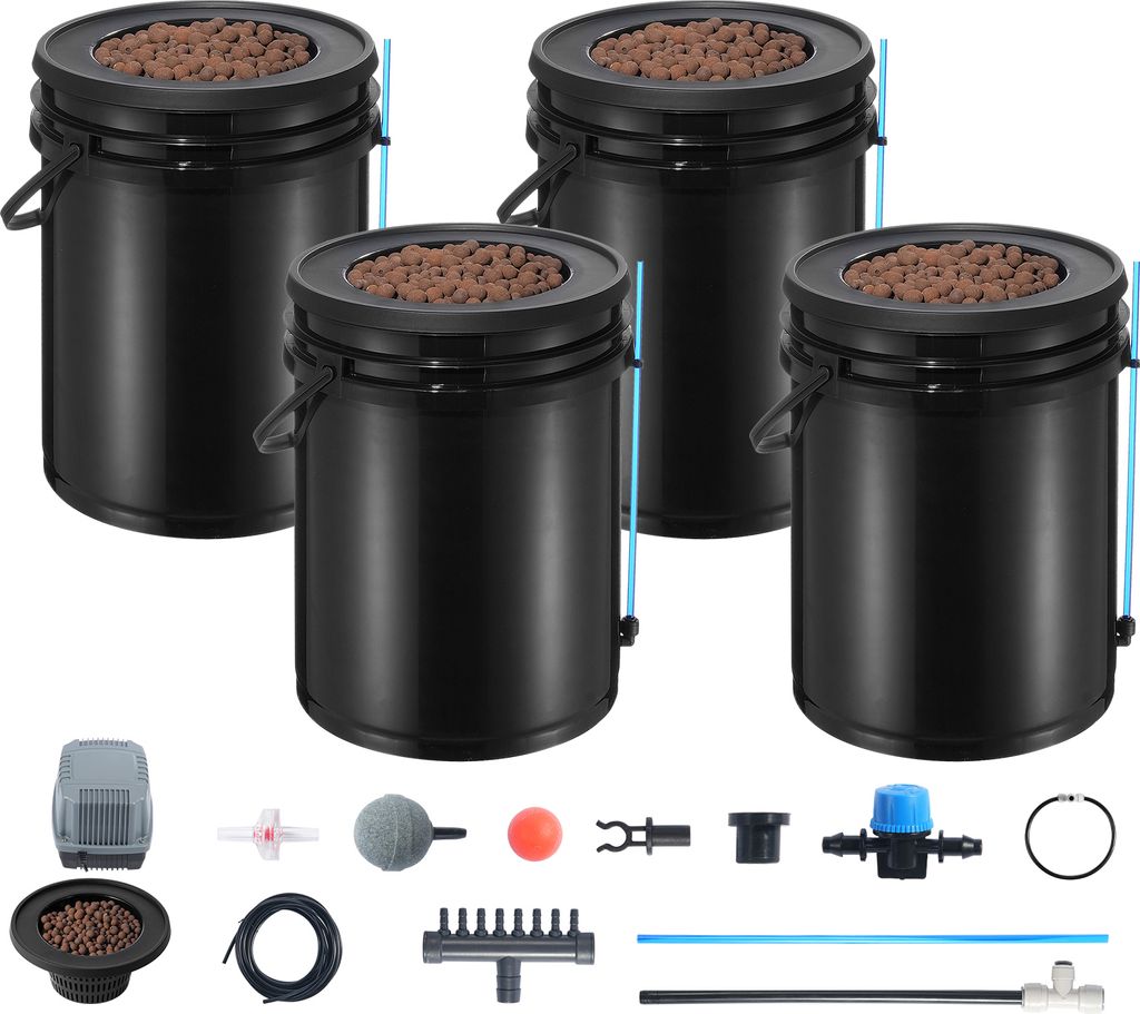 A set of hydroponic growing buckets and accessories arranged on a white background.