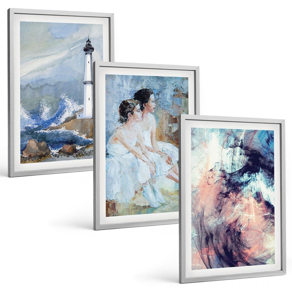 Bilder Set 3-teilig im silbergerahmten Rahmen – Wandbilder 3 Stück – gerahmte Poster für Wohnzimmer, Schlafzimmer und Flur – 40x60 cm – L...