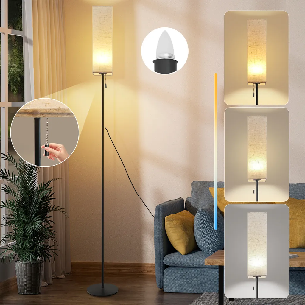 Lampadaire LED Rétro Dimmable avec Abat-jour Beige et Cordon Tirage