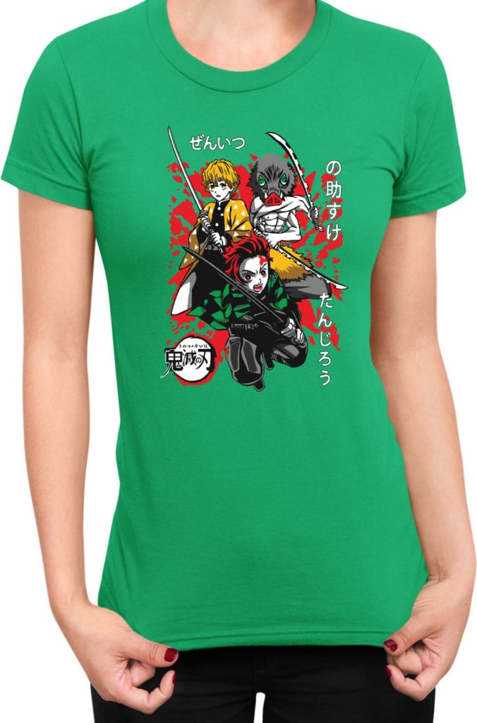 Damen T-Shirt Demon Anime Slayer Kimetsu No Yaiba Tanjiro Zenitsu Inosuke 002, Lady XL / Grün