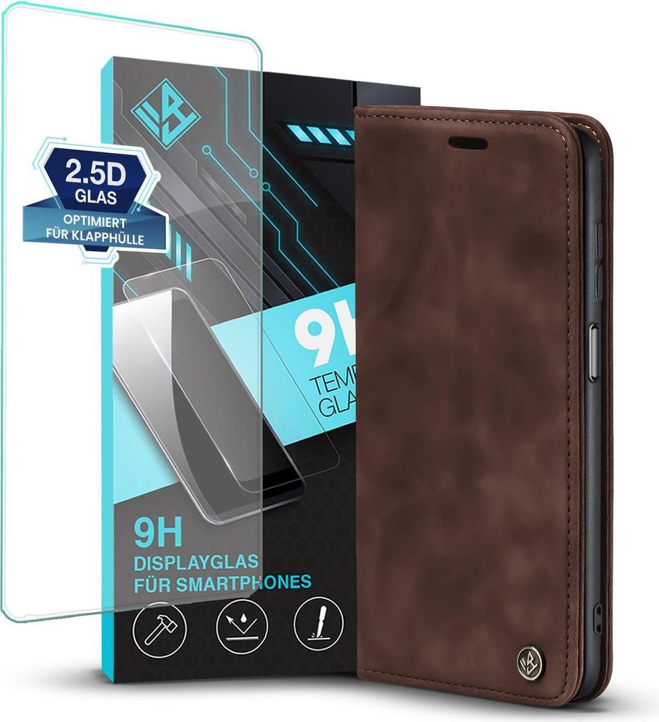 Handy Hülle für Samsung Galaxy A13 5G mit 9H Displayglas Klapphülle Bookcase Flip Cover Handy Tasche Etui Farbe: Dunkelbraun