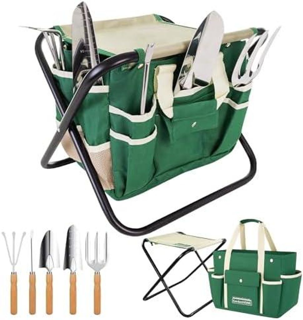 (7in1)Gartenwerkzeug Hocker – Klapphocker inklusive 5-teiligem Edelstahl Werkzeug Set – Gratis Tragetasche zur Aufbewahrung der Gartengeräte -...