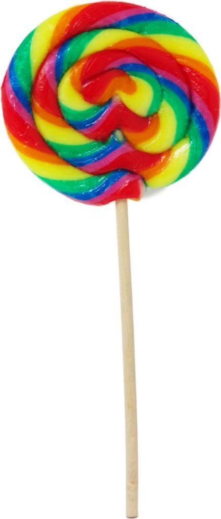 A single rainbow-colored spiral lollipop on a wooden stick against a white background.