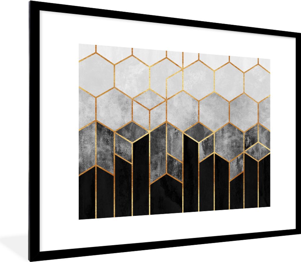 MuchoWow Gerahmtes Poster Gold - Sechseck - Chic - Muster - Luxus 80x60 cm - Poster mit Schwarzem Bilderrahmen Wandposter Rahmen Foto Bilder - Sc...