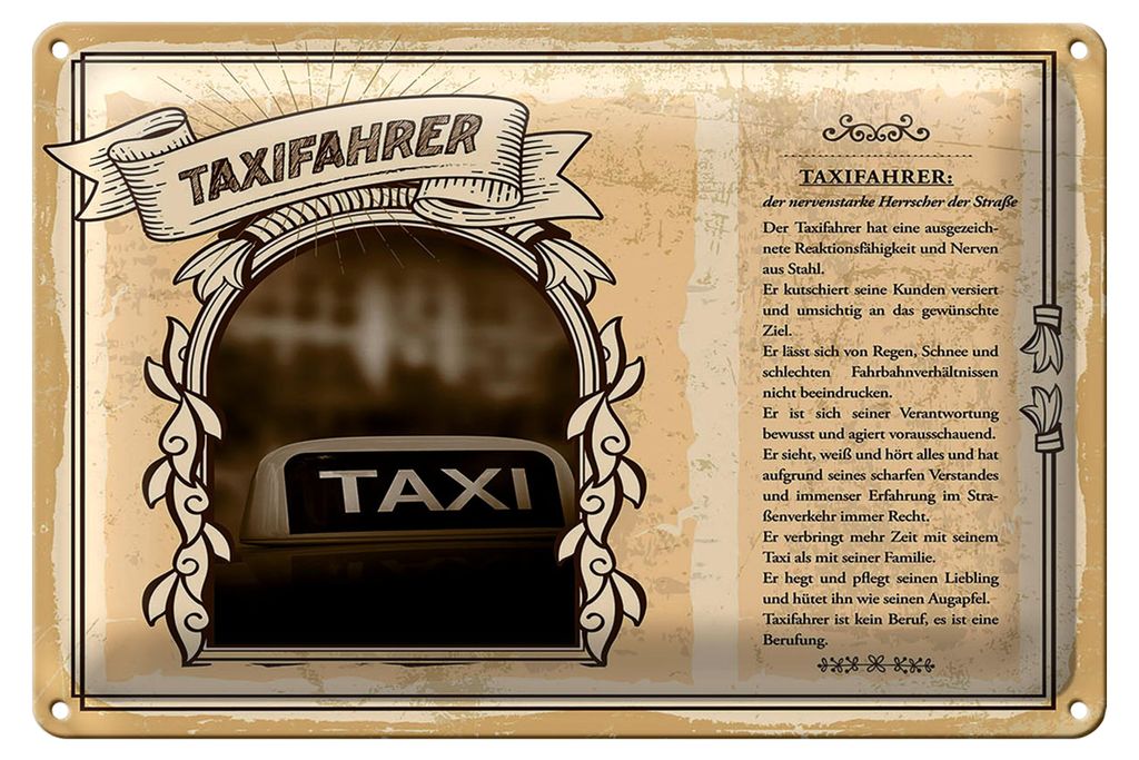 Blechschild Berufe Taxifahrer Nerven aus Stahl 18x12cm
