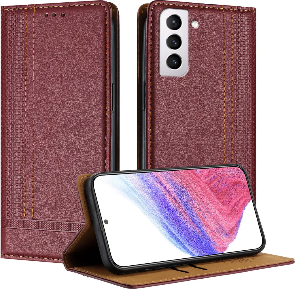 Protezione Samsung S21+ 5G Pelle Rosso Scuro - Custodia Antiurto Stand