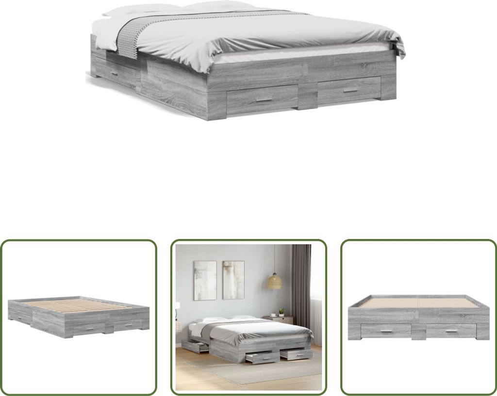 The Living Store Bettgestell mit Schubladen Grau Sonoma 135x190 cm Holzwerkstoff