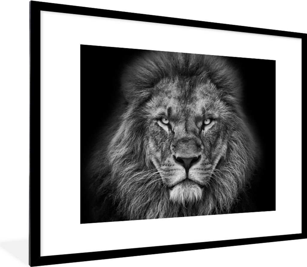 MuchoWow Gerahmtes Poster Tiere - Löwe - Schwarz - Weiß - Porträt 80x60 cm - Poster mit Schwarzem Bilderrahmen Wandposter Rahmen Foto Bilder -...