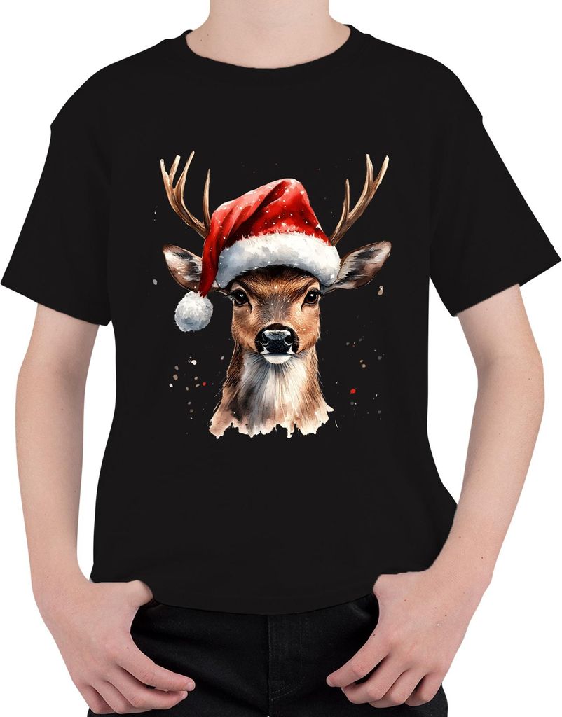 Weihnachtsrentier Aquarell Nikolaushut Geschenk Vintage lustig Uni Kinder T-Shirt, Schwarz, 140