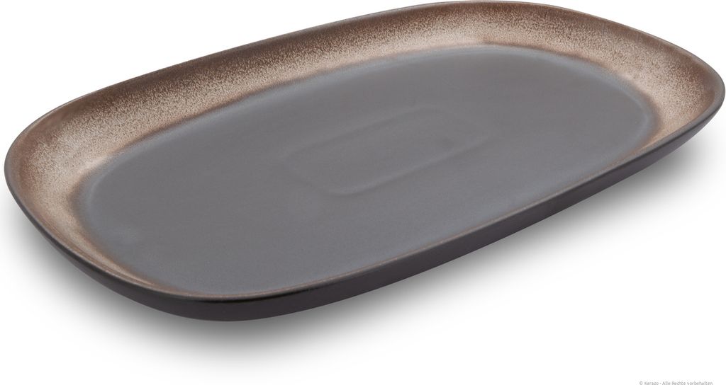 Original Bunzlauer Keramik Servierplatte breit und oval Platte Teller 37,3x23,5x2,5 cm Design ZACIEK (Braun)