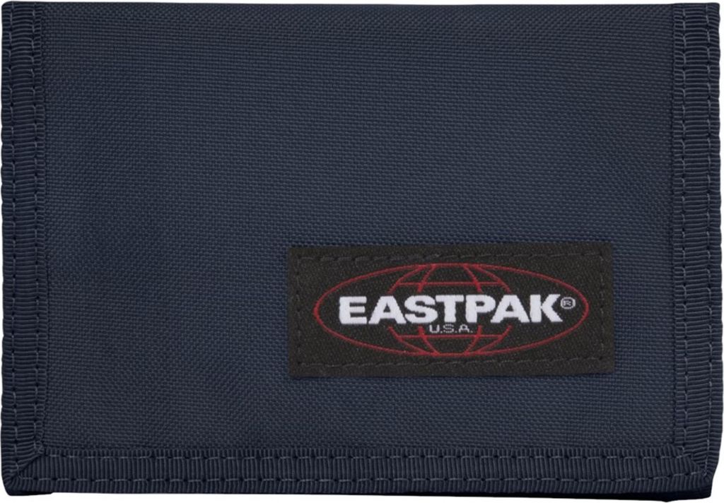 A close-up, front-facing view of a navy blue Eastpak wallet.