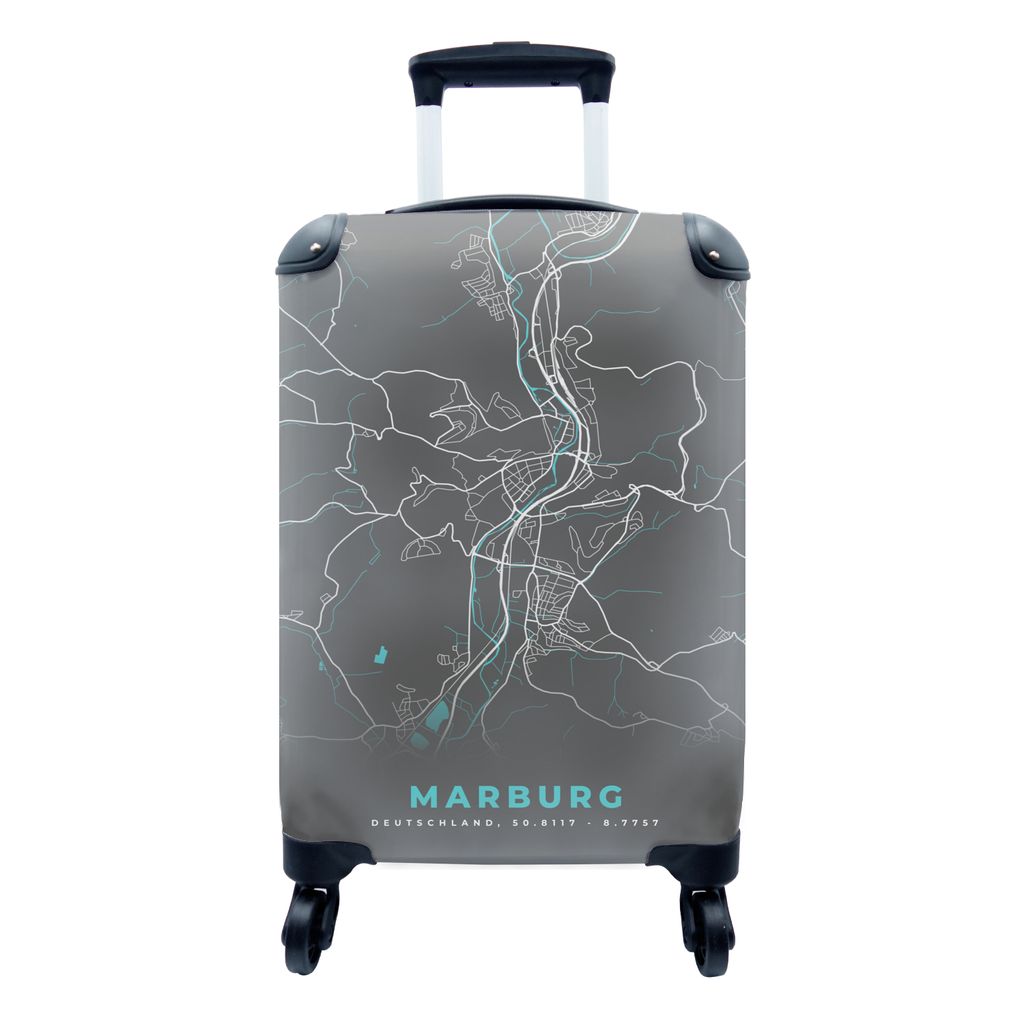 MuchoWow Koffer Handgepäck Trolley Rollkoffer Kleine Reisekoffer mit 4 Rollen - Stadtplan - Karte - Marburg - Blau - Deutschland - Karte - Cabin...