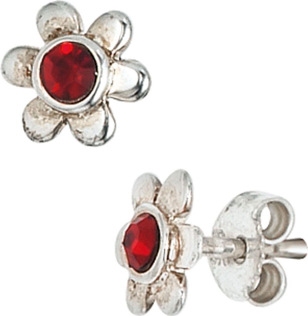 JOBO Ohrstecker Blume 925 Sterling Silber rhodiniert 2 rote Glassteine Ohrringe