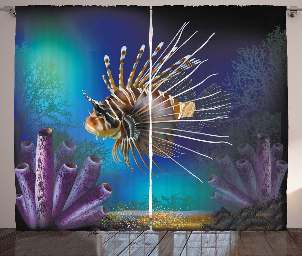 ABAKUHAUS Ozean Rustikaler Gardine, Bubble-Fische und Pflanzen, Schlafzimmer Kräuselband Vorhang mit Schlaufen und Haken, 280 x 245 cm, Braun Blau...