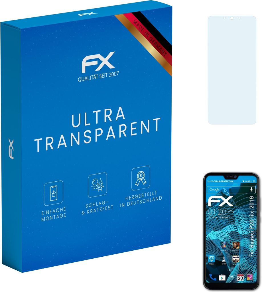 atFoliX FX-Clear 3x Schutzfolie kompatibel mit Huawei P20 lite (2019) Displayschutzfolie