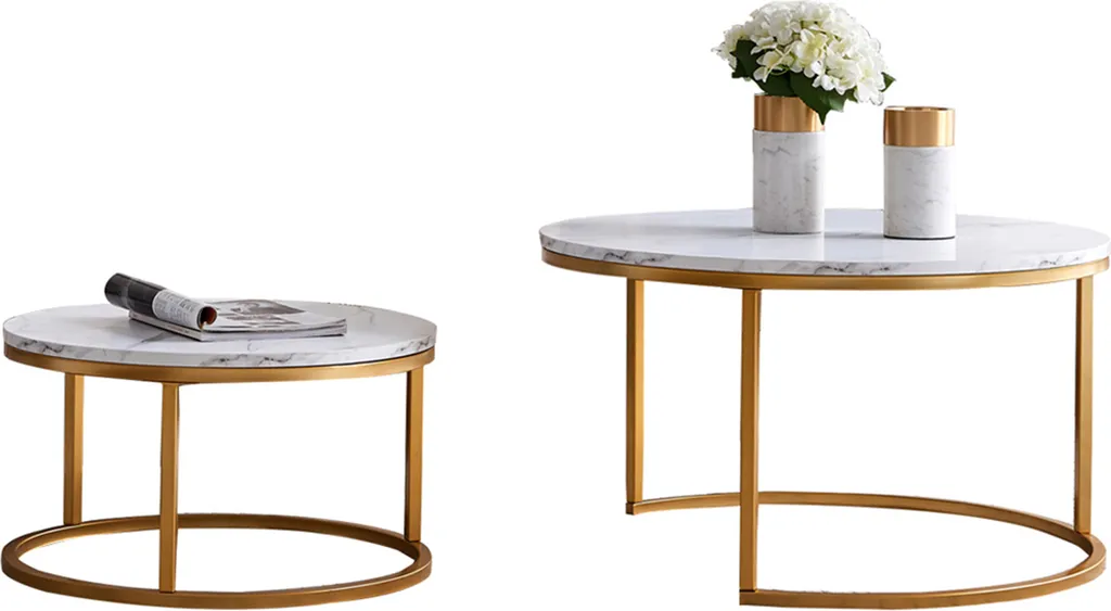 Table d'Appoint Design Marbre avec Structure Métal Doré - Duo 80cm & 60cm - 6