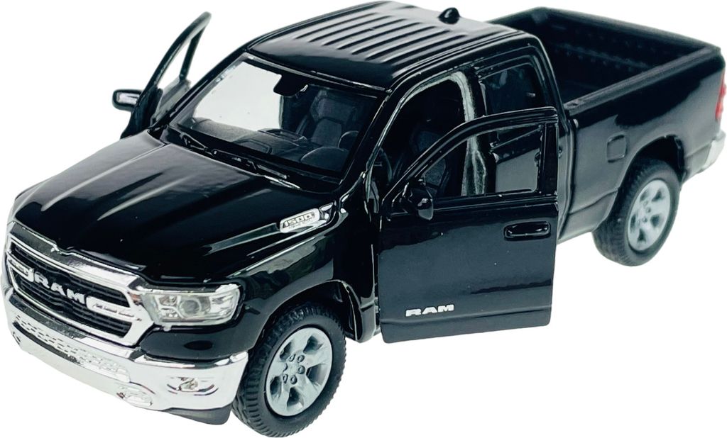 A black toy Dodge Ram 1500 pickup truck with its doors open, shown from a slightly elevated front-left angle against a white background.