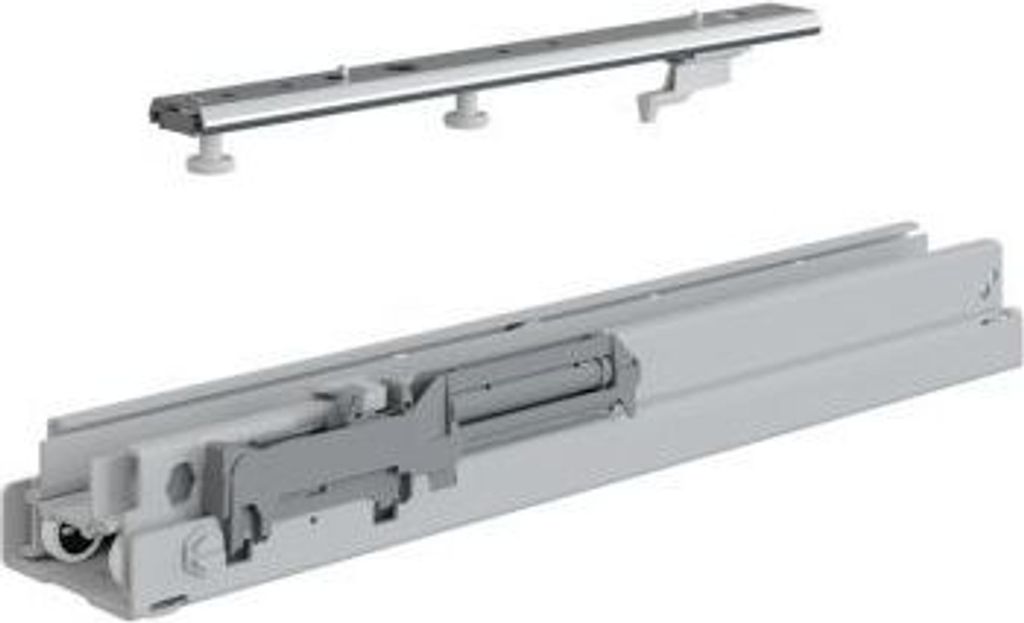 A product shot of drawer slides and a mounting rail against a white background.