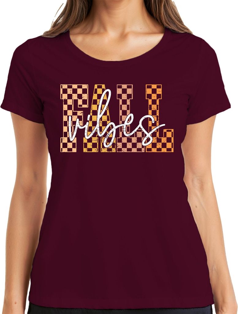 Fall Vibes Herbst kariert Karo Muster Vintage Retro Grunge Boho Damen T-Shirt, Burgundy, S