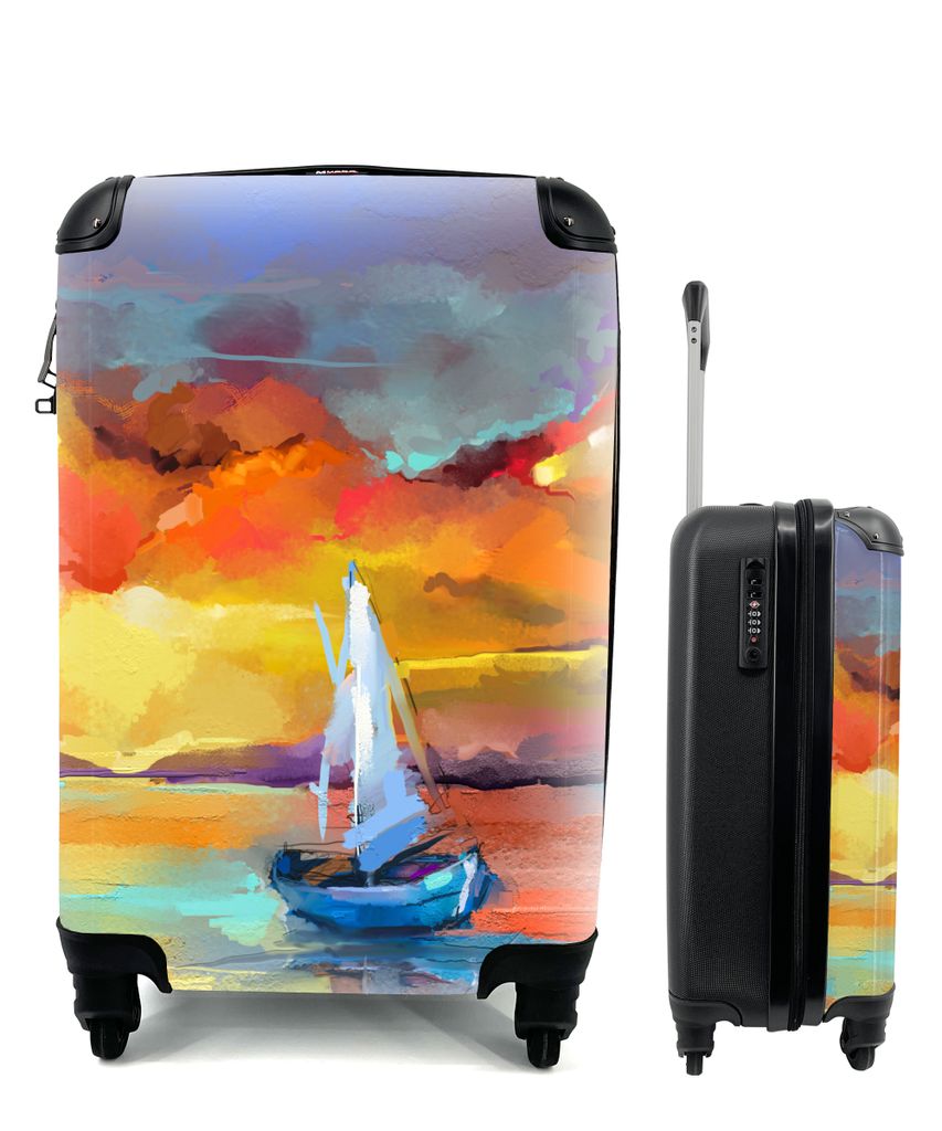 MuchoWow Koffer Handgepäck Trolley Rollkoffer Kleine Reisekoffer mit 4 Rollen - Malerei - Ölfarbe - Boot - Farben - Cabin Size < 55x40x23 cm & ...