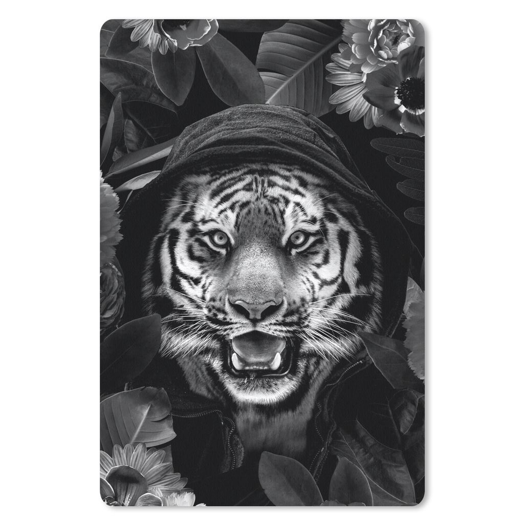 MuchoWow Mauspad Mousepad Tiger mit Kapuze zwischen Blumen - schwarz und weiß 18x27 cm - Mousepads - Maus Mat - Pad - Mausunterlage