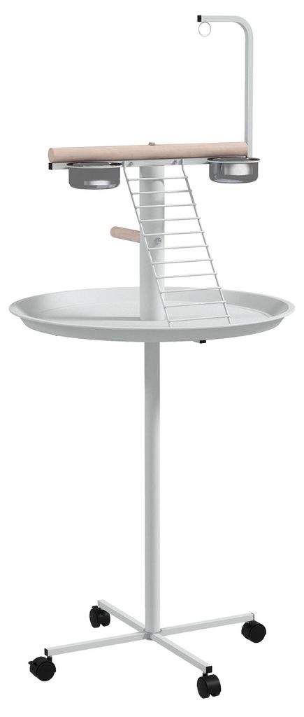 Anflugstange Freisitz für Papageien Sitzstange, 1 Leiter, 1 Schaukel, Futternäpfe, 60 x 60 x 138 cm, Weiß + Natur