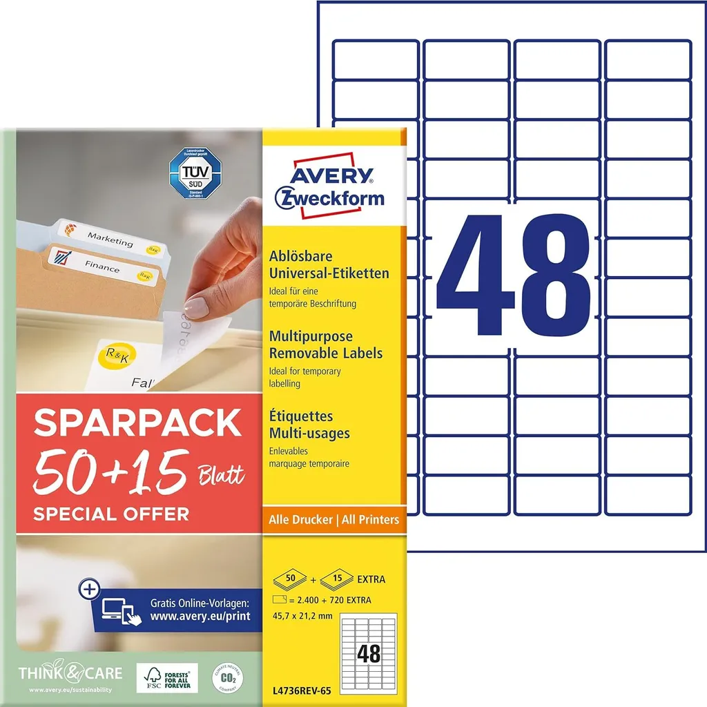 Etichette Avery L4736REV-65 45,7x21,2mm Rimovibili - Pack da 3120