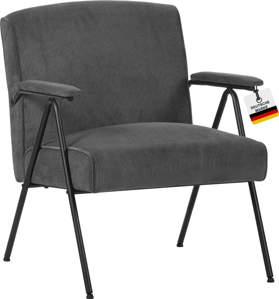 Albatros Designer Vintage Sessel Stanford, hochwertiger Cord Stoff Bezug in Grau, sehr bequeme S-Federn, Relaxsessel Loungesessel für Wohnzimmer, ...