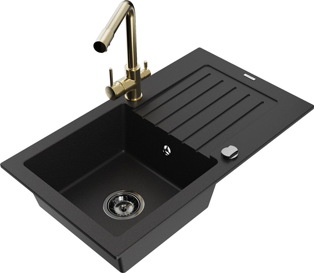Mexen Pablo 1 Becken-Granitspüle mit Abtropffläche und Mischbatterie Duero, Schwarz - 6510-77-671600-50-B