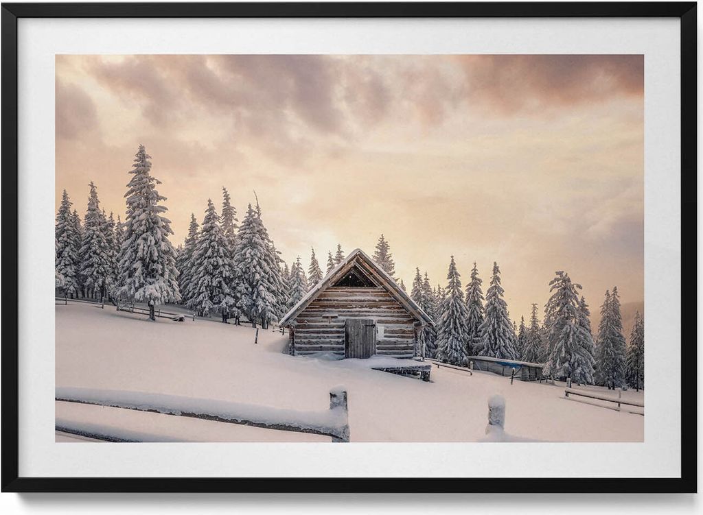 Landschaft einer Berghütte im Winter und bei Sonnenuntergang– Wandbild mit Rahmen – Gerahmtes Bild – Wanddekoration – 100x70 cm – Schw...