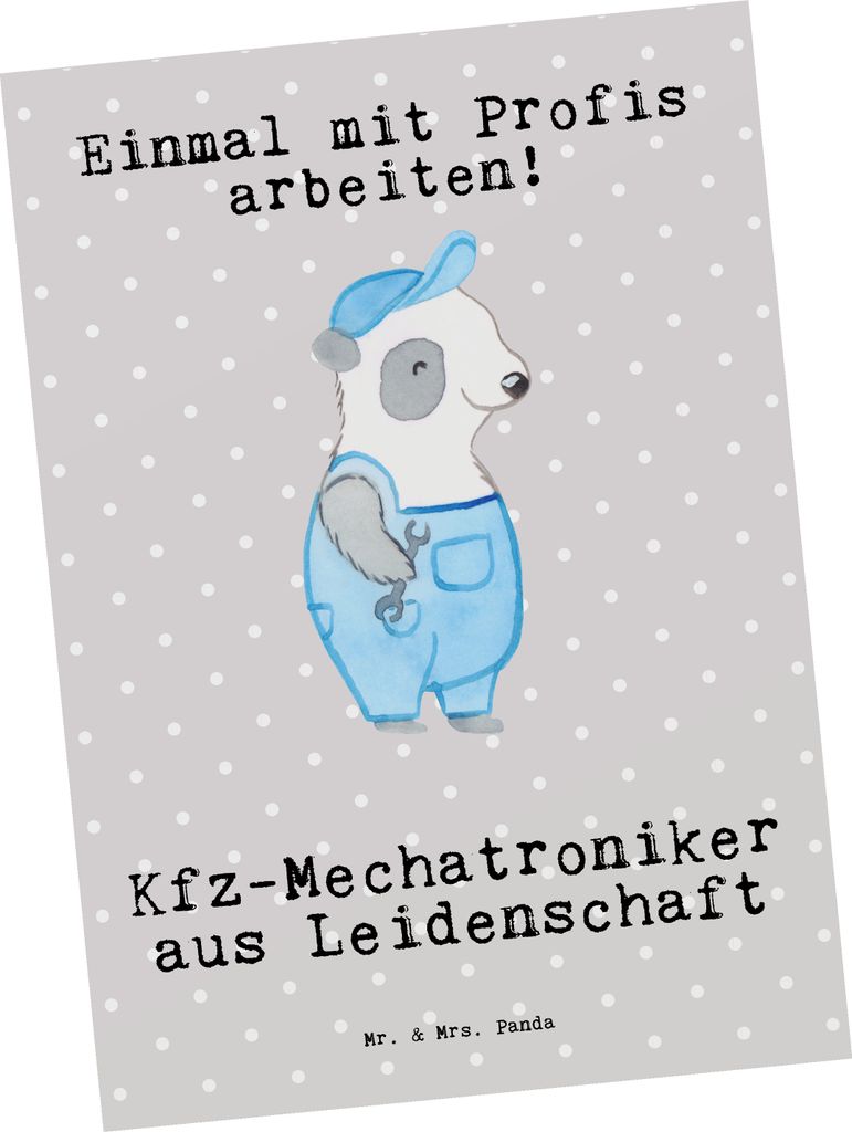 Mr. & Mrs. Panda Postkarte Kfz-Mechatroniker Leidenschaft - Grau Pastell - Geschenk, Meister, Ausbildung, Postkarten, Lustig, Ansichtskarten, bildk...
