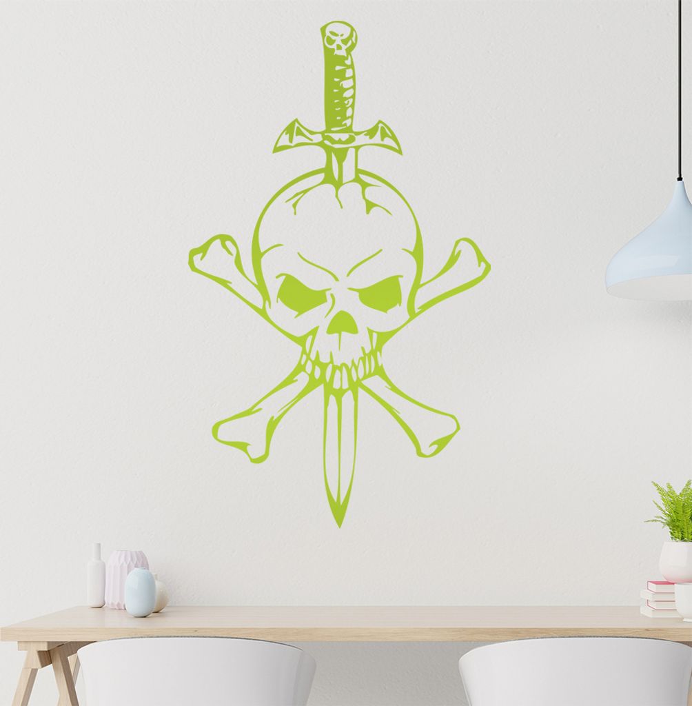 Schädel mit Dolch Wandtattoo in 6 Größen - Wandaufkleber Wall Sticker - Dekoration, Küche, Wohnzimmer, Schlafzimmer, Badezimmer