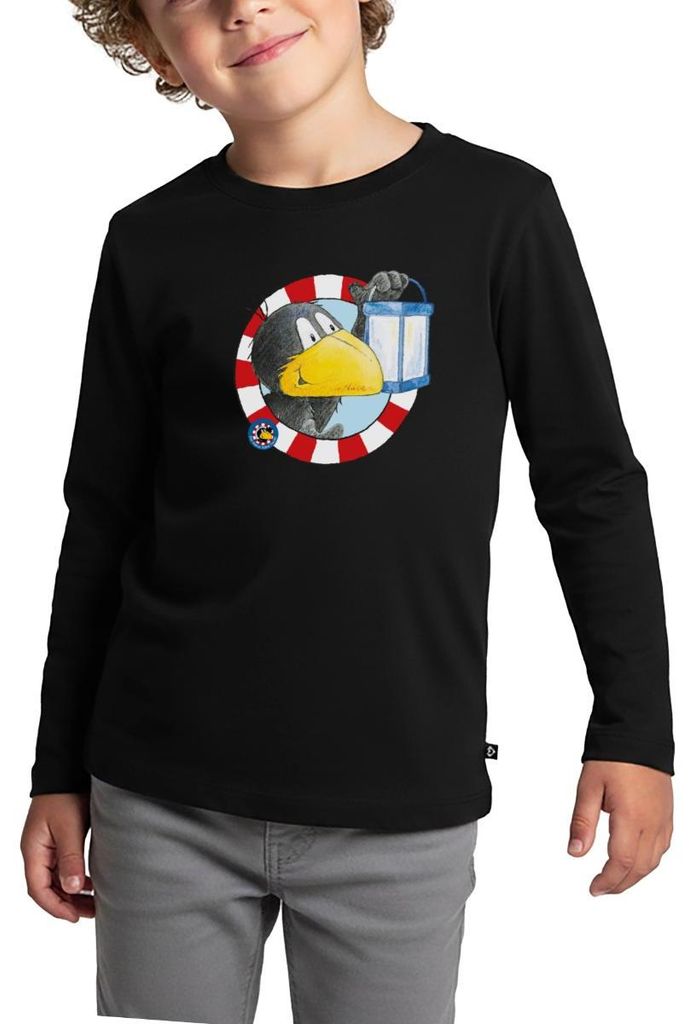 Spreadshirt Der kleine Rabe Socke mit Laterne Kinder Premium Langarmshirt, 134/140 (8 Jahre), Schwarz
