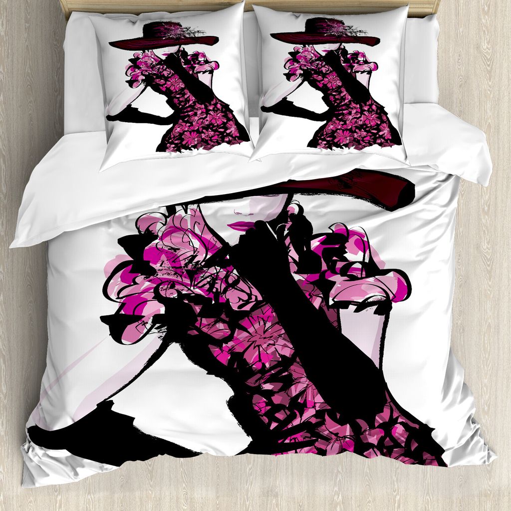 ABAKUHAUS Mode Bettbezug, Frau im Blumenkleid, Milbensicher Allergiker geeignet mit Kissenbezügen, 200 cm x 200 cm - 80 x 80 cm, Fuchsia Schwarz