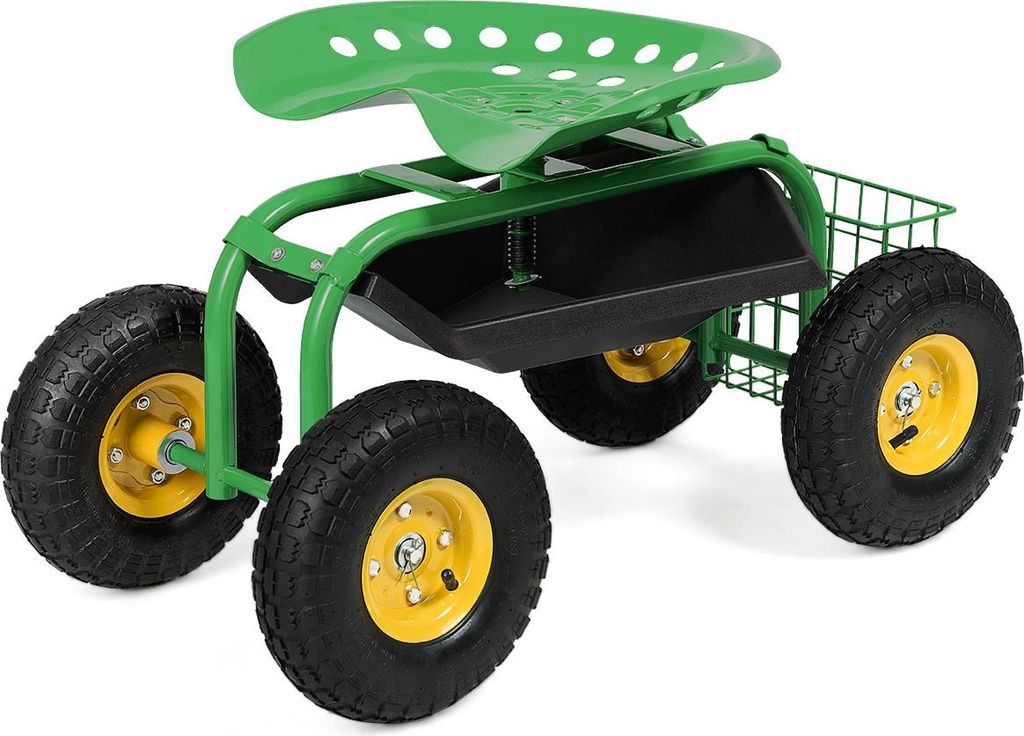 Rollbarer Gartenwagen, mobiler Arbeitswagen mit verstellbarer Höhe, um 360° drehbarem Sitz, Werkzeugablage & Aufbewahrungskorb, mit Rädern, Grün