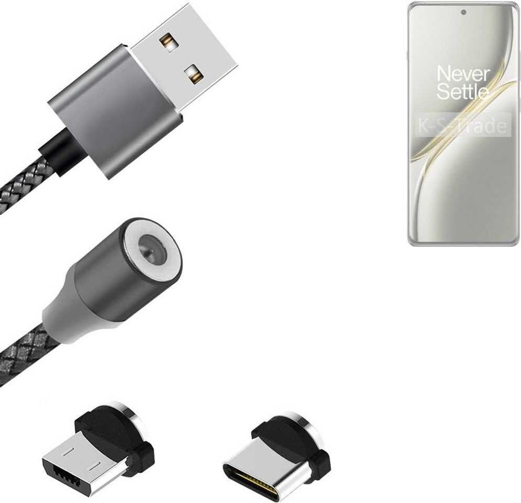 K-S-Trade Hochwertiges Magnet-Lade-kabel Sync-Kabel Daten-Kabel kompatibel mit OnePlus Ace 3 Pro mit USB-Typ-C-Anschluss und Micro-USB-Anschluss 2A
