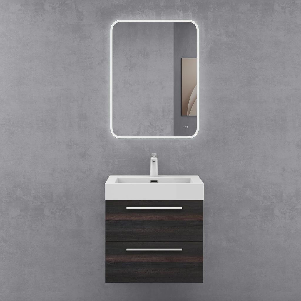 doporro Badmöbel-Set Waschbeckenunterschrank mit Soft-Close in Dunkelgrau 60x48x60cm Waschplatz komplett Set inkl. Mineralguss-Waschbecken und Led...