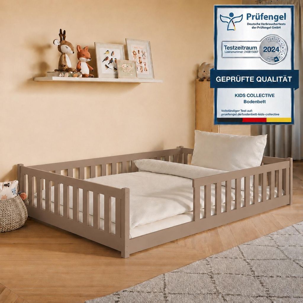 Kinderbett Bodenbett 140x200 cm mit Rausfallschutz & Lattenrost Montessori Bett Bed Gitterbett Kinder Jugendbett Einzelbett | Milchschokolade