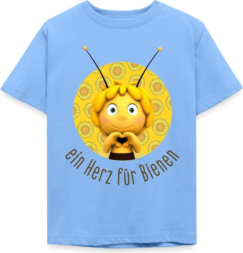 Spreadshirt Biene Maja Ein Herz Für Bienen Kinder T-Shirt, 122/128 (7-8 Jahre), Himmelblau