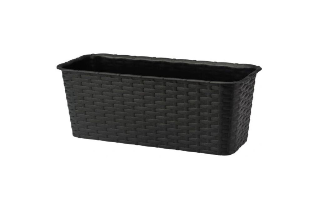 A black rectangular planter box with a woven texture.