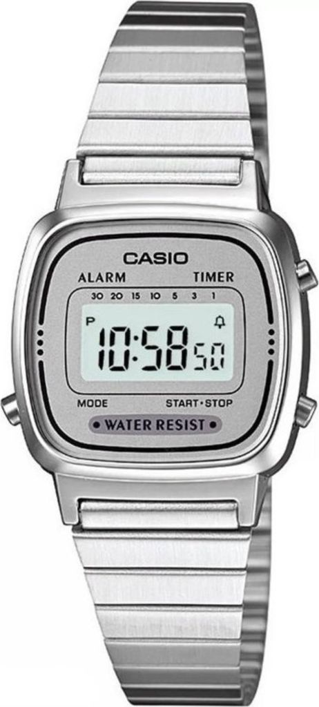 A silver digital Casio watch is shown against a white background.
